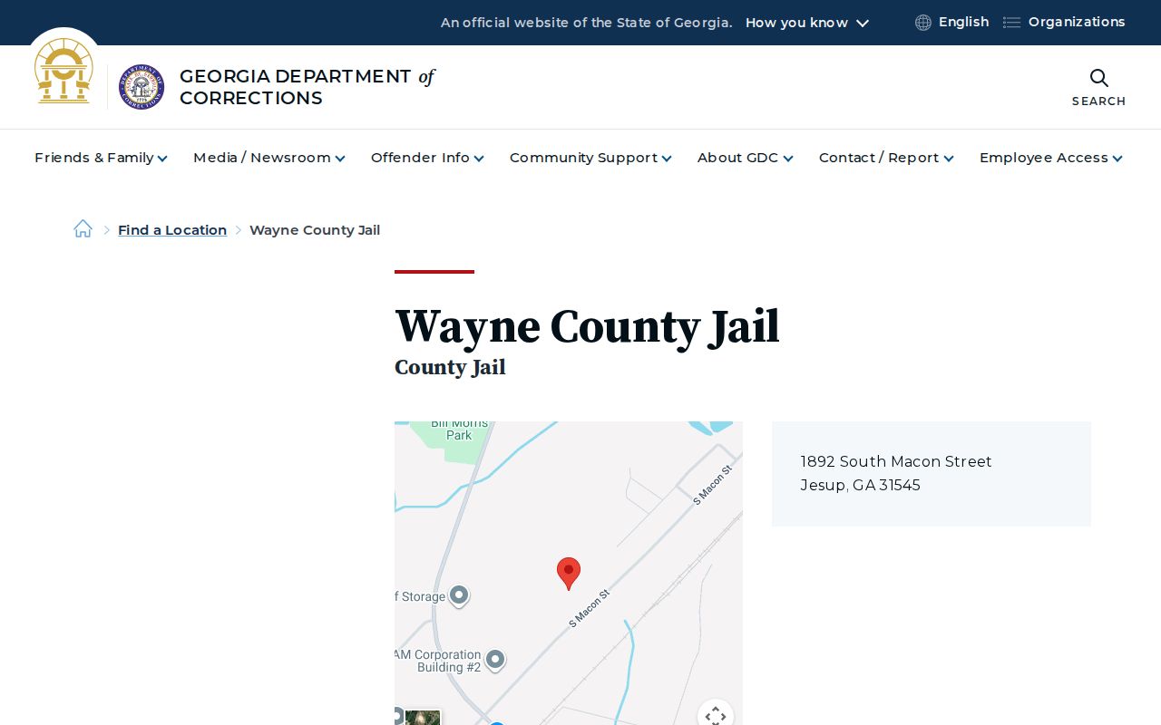 Georgia Department of Corrections Wayne County Jail directory entry