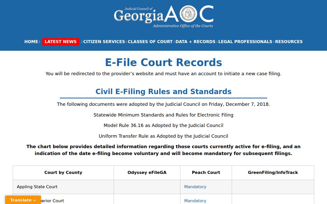 Georgia e-filing table listing Wayne County courts